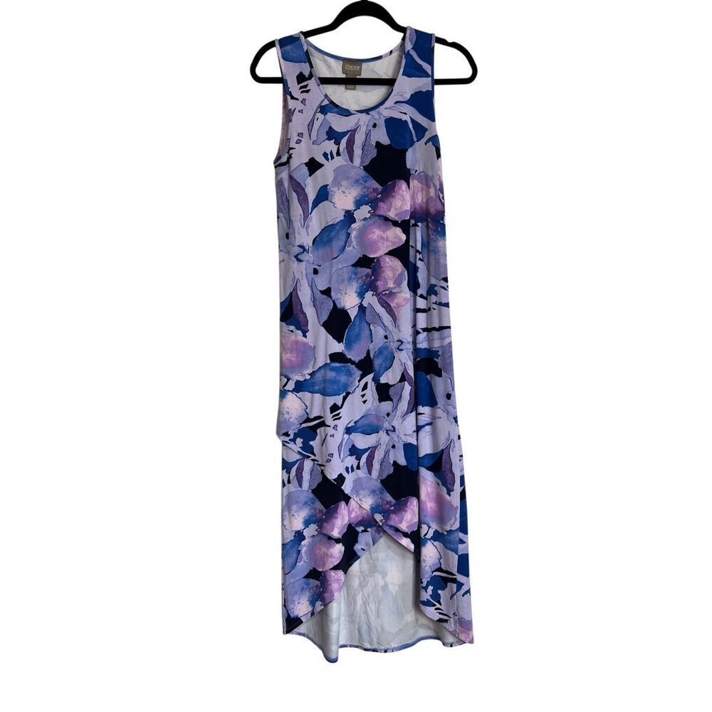 Chico's Dress Womens Size 0 Small Purple Watercolor Floral Sleeveless Tunic Hem